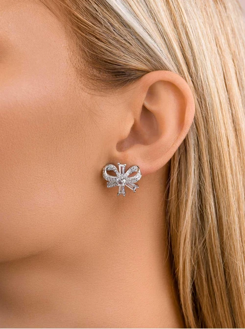 Kolczyki wieczorowe kokardki z kryształkami, srebrny B207378P00