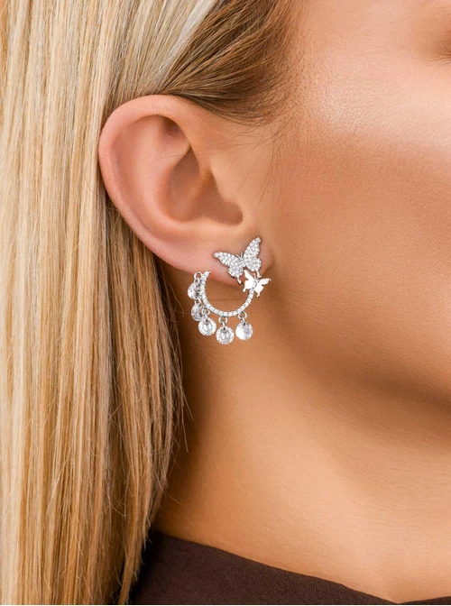 Kolczyki wieczorowe motylki z kryształkami, srebrny B207348P00