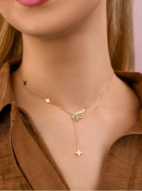 Naszyjnik krawatka, skrzydło z gwiazdkami, kryształki, złoty S308222Z02