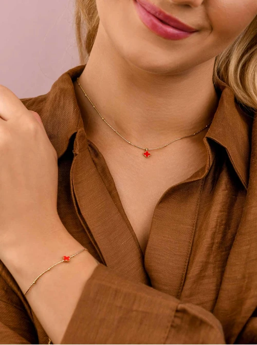 Naszyjnik z czerwoną koniczynką, złoty S308170Z03