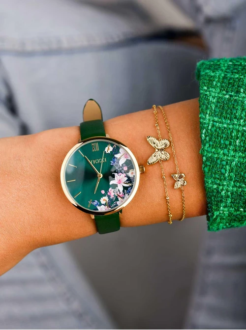Zegarek kwiaty, zielony, złoty B507053Z05
