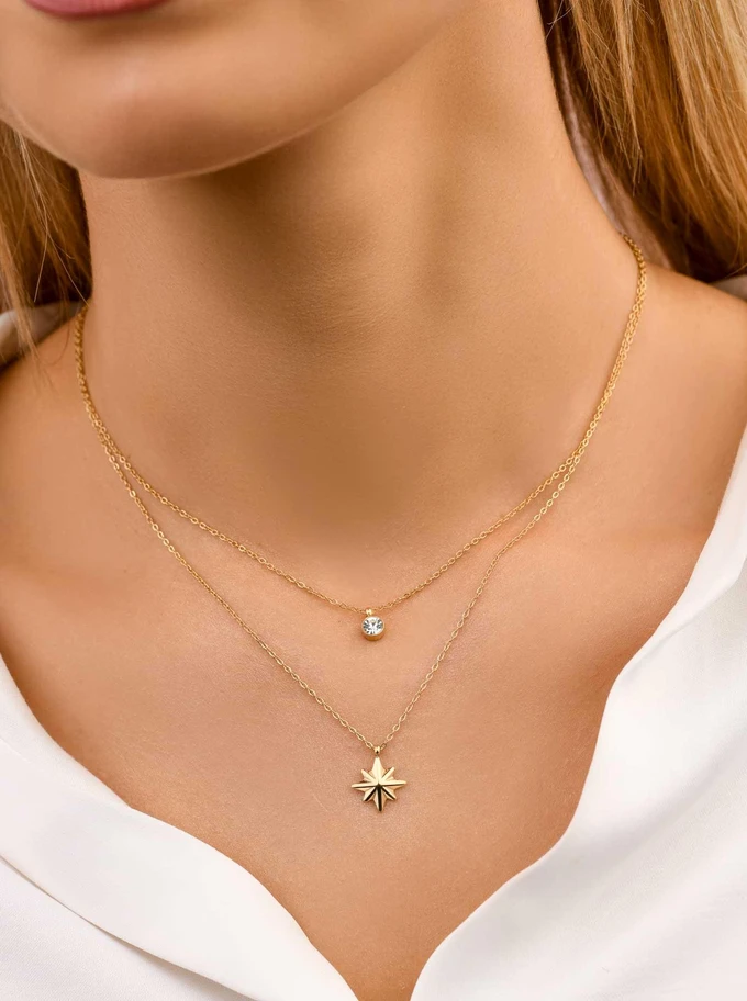 Naszyjnik podwójny, gwiazdka, kryształek, złoty S308192Z00