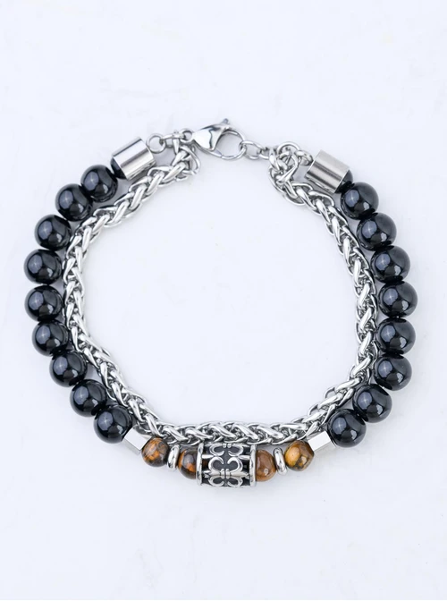 Bransoleta męska, Obsydian, Tygrysie Oko, srebrny S107587S00