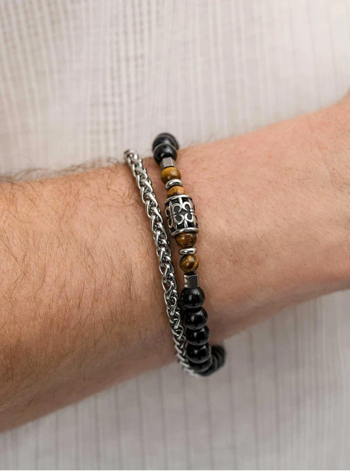 Bransoleta męska, Obsydian, Tygrysie Oko, srebrny S107587S00