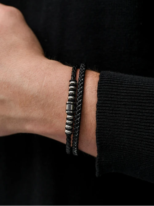 Bransoleta męska, czarny, srebrny S107525S01