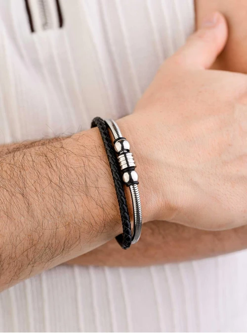 Bransoleta męska, czarny, srebrny S107560S00