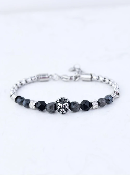 Bransoleta męska lew, Jadeit, Obsydian, srebrny S107589S00