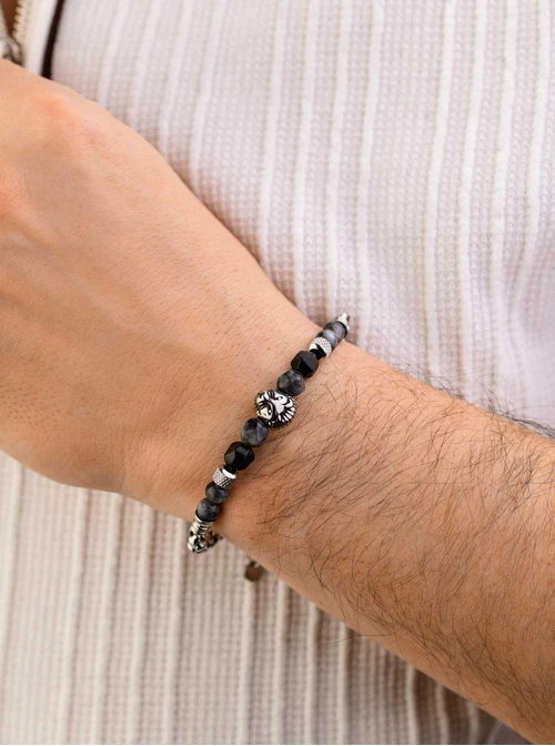 Bransoleta męska lew, Jadeit, Obsydian, srebrny S107589S00