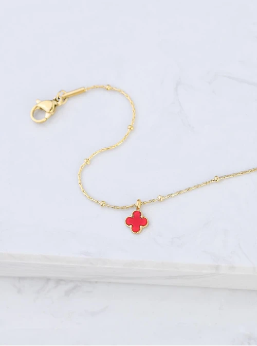 Bransoletka czerwona koniczynka, stal pozłacana S108176Z03