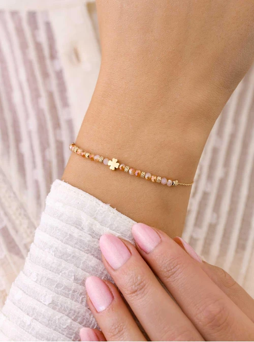 Bransoletka koniczynka, beżowe kryształki, złoty S108033Z00