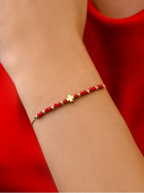 Bransoletka koniczynka, czerwone kryształki, złoty S108038Z00