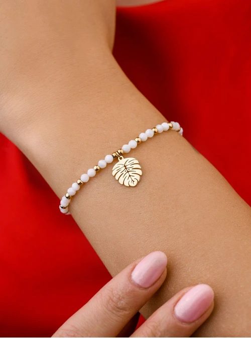 Bransoletka liść monstery, Jadeit Biały, złoty S108668Z00