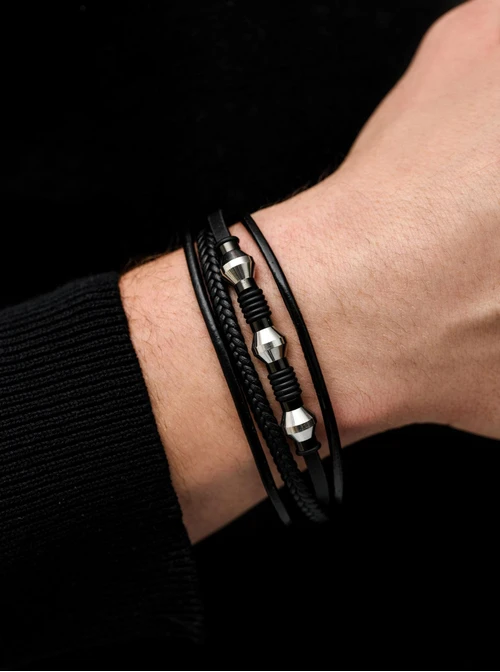 Bransoletka męska, czarny, srebrny S107549S01