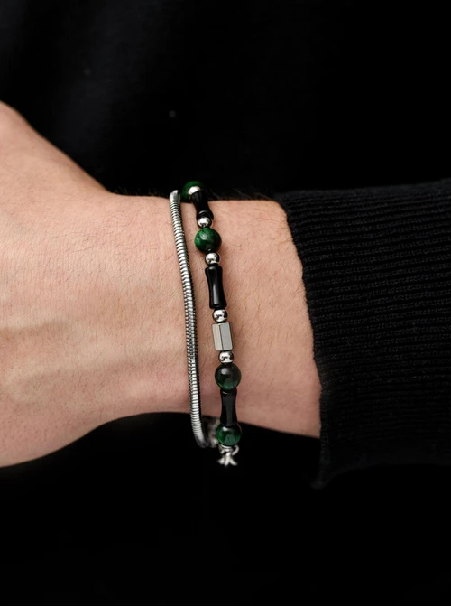 Bransoletka męska, zielone Tygrysie Oko, srebrny S107590S00