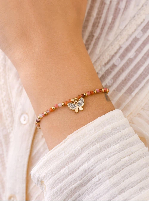 Bransoletka motylek, Agat Czerwony, stal pozłacana S108614Z00