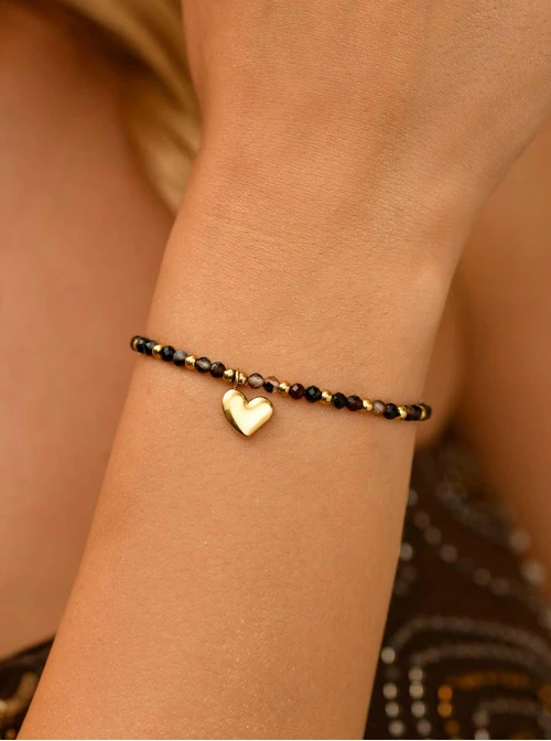 Bransoletka serce, Agat Kawowy, stal pozłacana S108599Z00