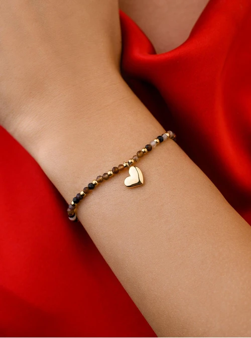 Bransoletka serce, Agat Kawowy, stal pozłacana S108599Z00