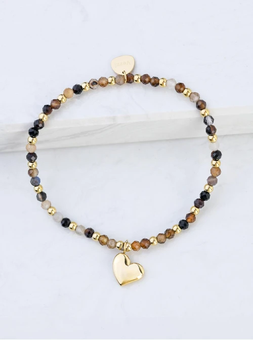 Bransoletka serce, Agat Kawowy, stal pozłacana S108599Z00