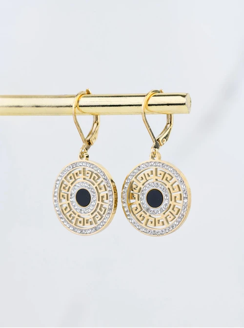 Kolczyki kółko, grecki wzór z kryształkami, złoty S208458Z00