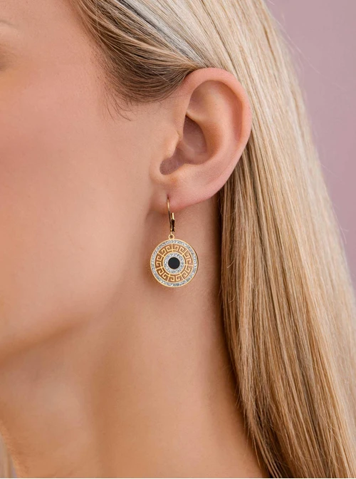 Kolczyki kółko, grecki wzór z kryształkami, złoty S208458Z00