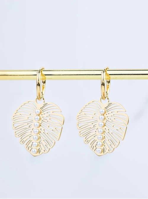 Kolczyki liść monstery, perełki, złoty S207764Z00