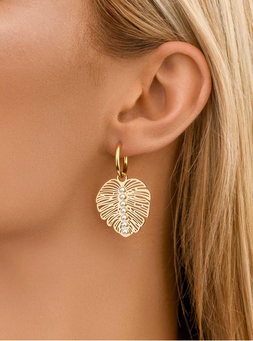 Kolczyki liść monstery, perełki, złoty S207764Z00