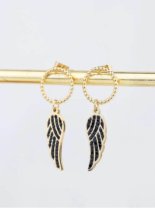 Kolczyki skrzydełka, czarne kryształki, złoty S208435Z01