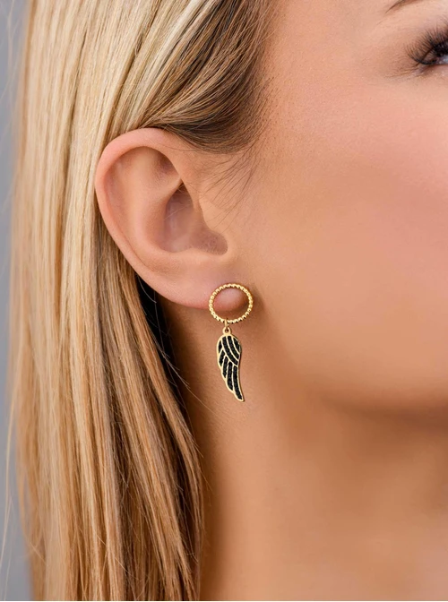 Kolczyki skrzydełka, czarne kryształki, złoty S208435Z01