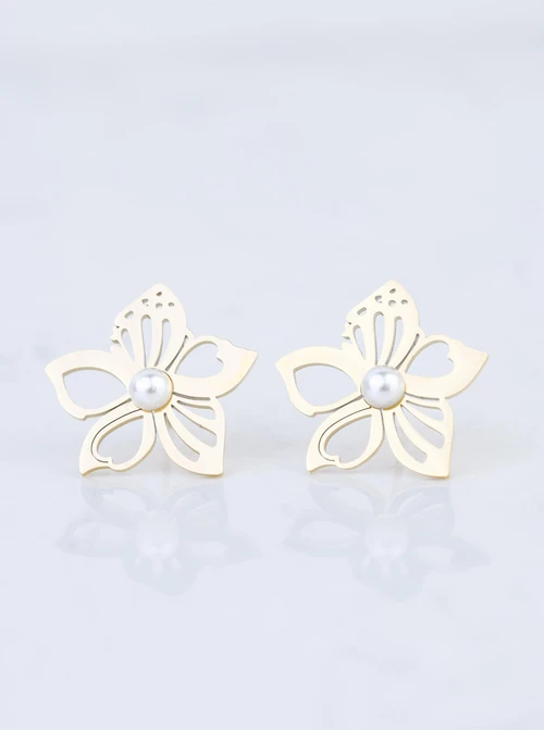 Kolczyki kwiaty z perełką, stal pozłacana S208449Z00