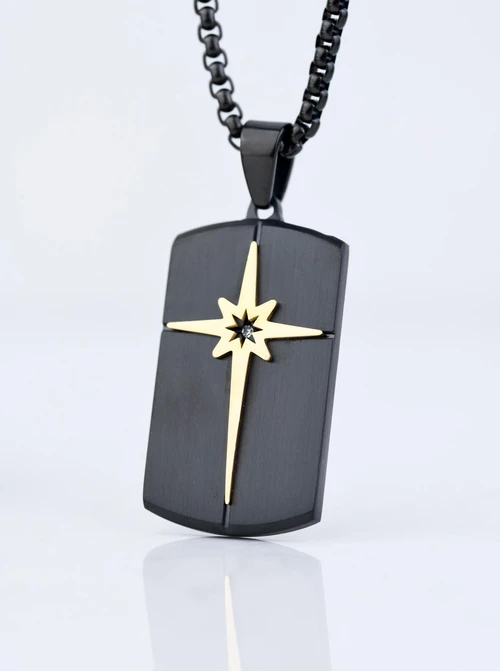 Naszyjnik męski, nieśmiertelnik gwiazda, czarny S307620S01