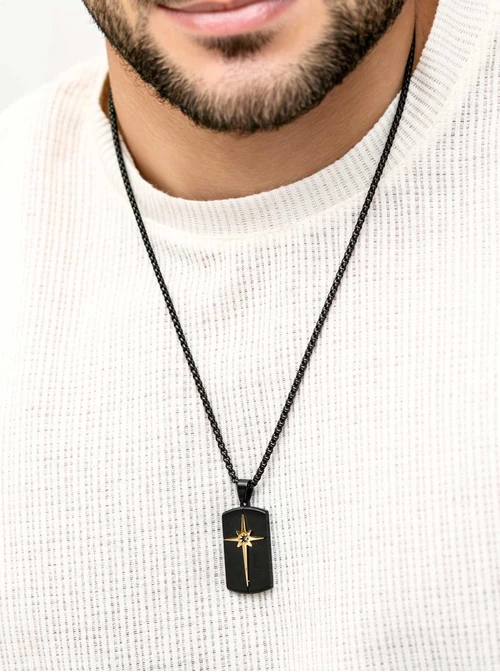 Naszyjnik męski, nieśmiertelnik gwiazda, czarny S307620S01