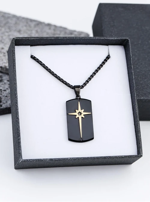 Naszyjnik męski, nieśmiertelnik gwiazda, czarny S307620S01