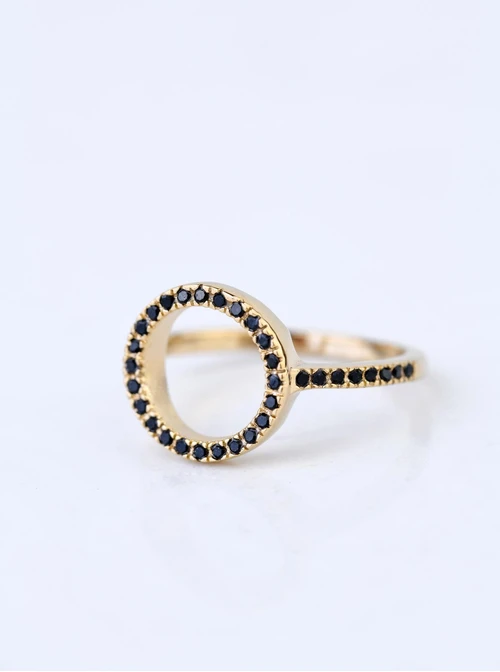 Pierścionek kółko, czarne kryształki, stal pozłacana S405417Z01