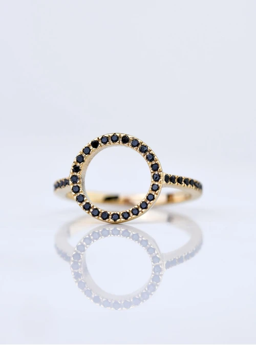 Pierścionek kółko, czarne kryształki, stal pozłacana S405417Z01