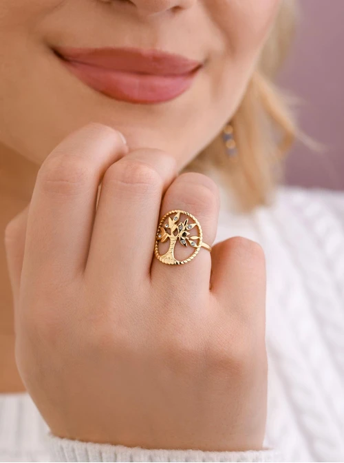 Pierścionek regulowany, drzewko, stal pozłacana S409160Z00-0