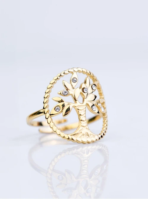 Pierścionek regulowany, drzewko, stal pozłacana S409160Z00-0