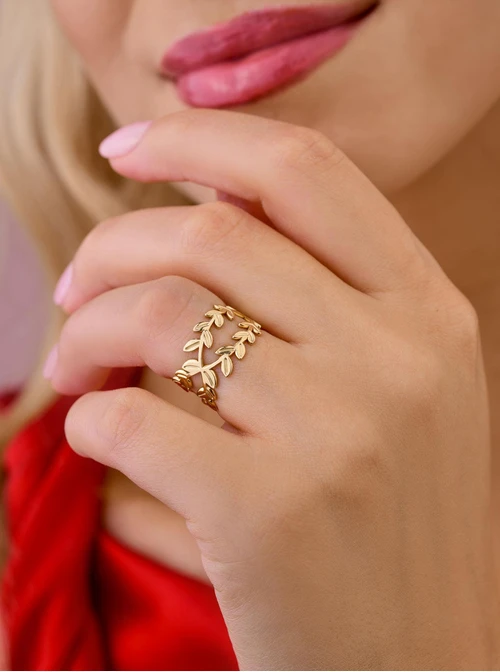 Pierścionek regulowany listki, stal pozłacana S409132Z00-0