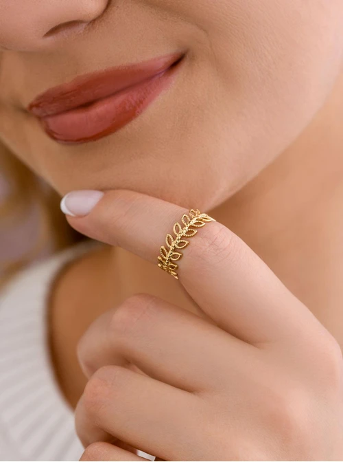 Pierścionek regulowany, listki, stal pozłacana S409174Z00-0