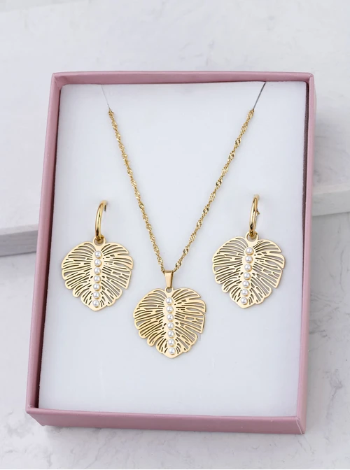 [Zestaw] Naszyjnik liść monstery, perełki, złoty S307763Z00