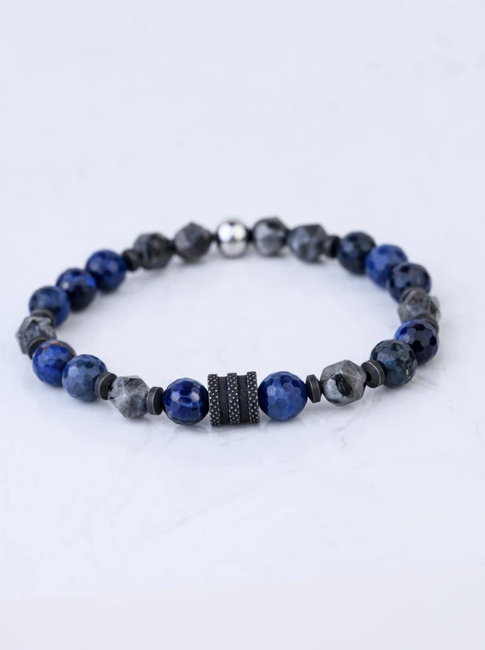 Bransoletka męska, Lapis Lazuli, Kwarc, stal S109244S00