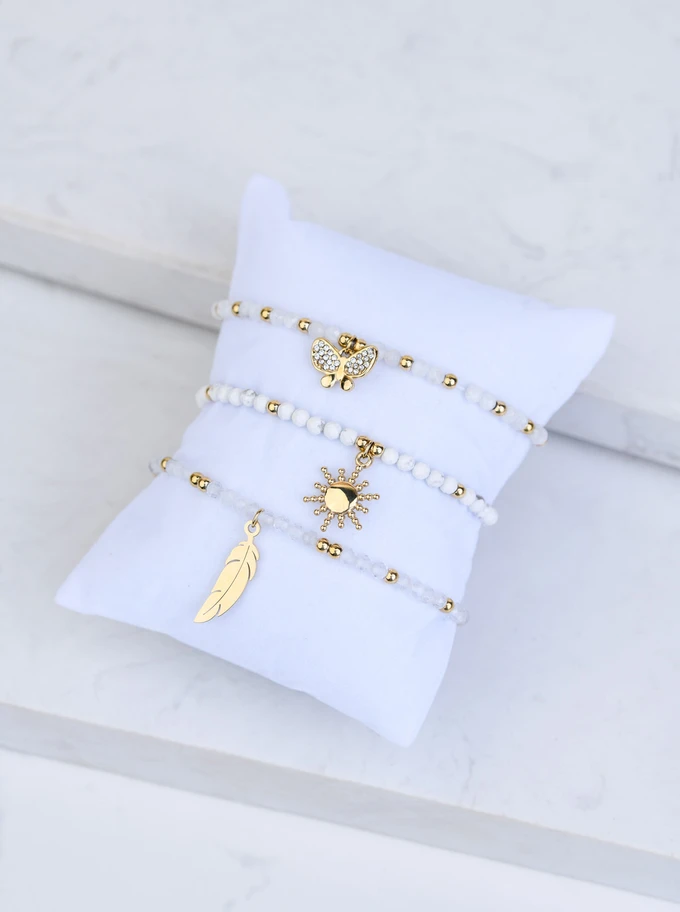 [Zestaw] Bransoletka motylek, Kamień księżycowy, stal pozłacana S108610Z00