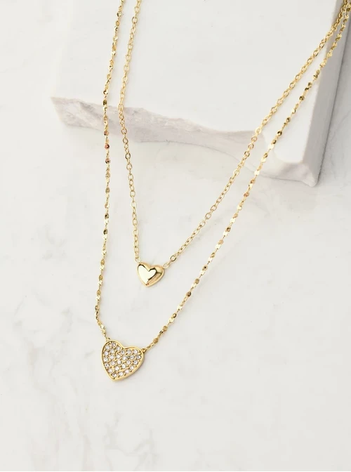 [Zestaw] Naszyjnik podwójny, serduszka, kryształki, złoty S306163Z00