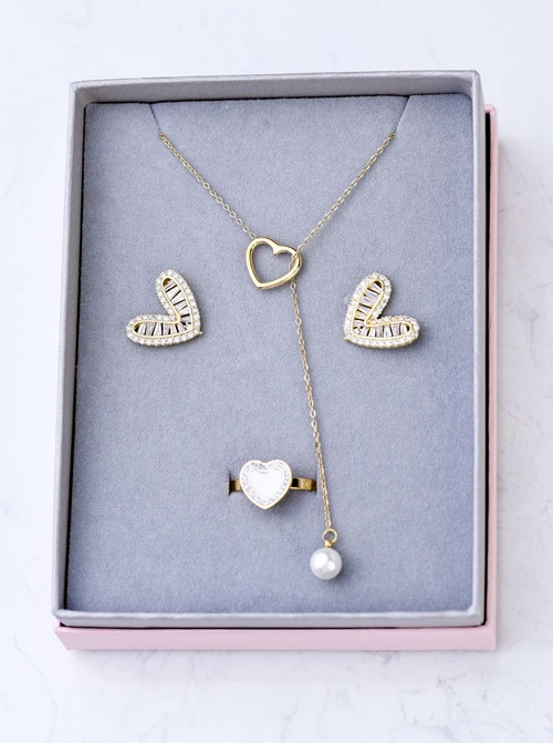 [Zestaw] Naszyjnik krawatka, serduszko, perełka, stal pozłacana S308471Z00