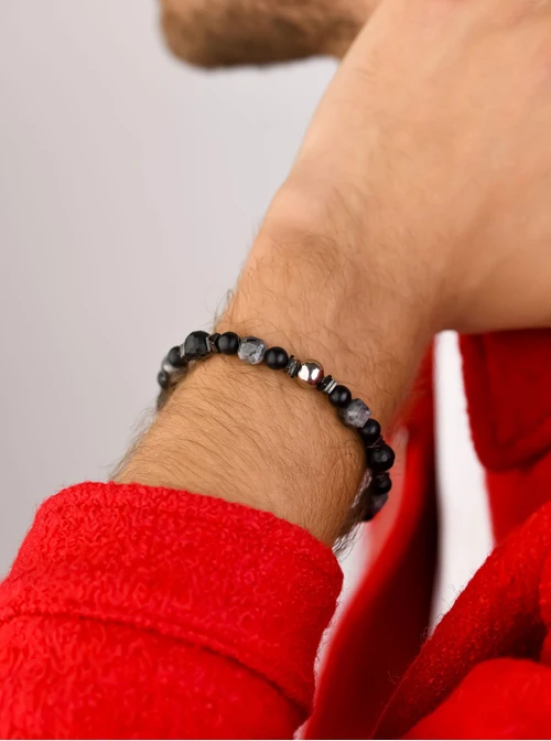 Bransoleta męska, Onyks, Kwarc z Turmalinem, stal S109243S00