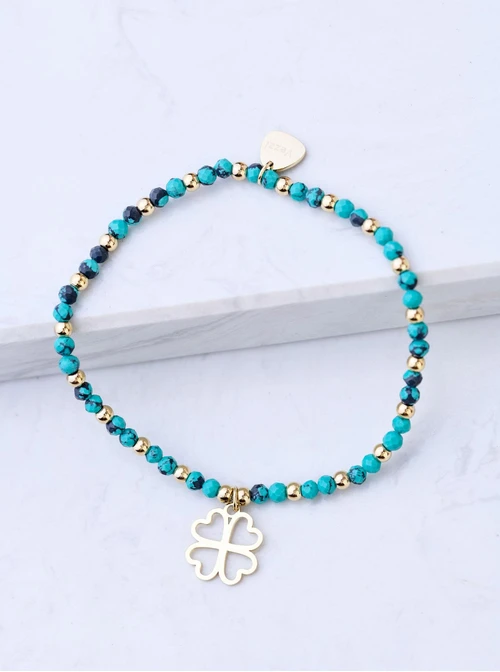 Bransoletka koniczynka, Turkus, stal pozłacana S108654Z00