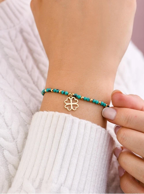 Bransoletka koniczynka, Turkus, stal pozłacana S108654Z00