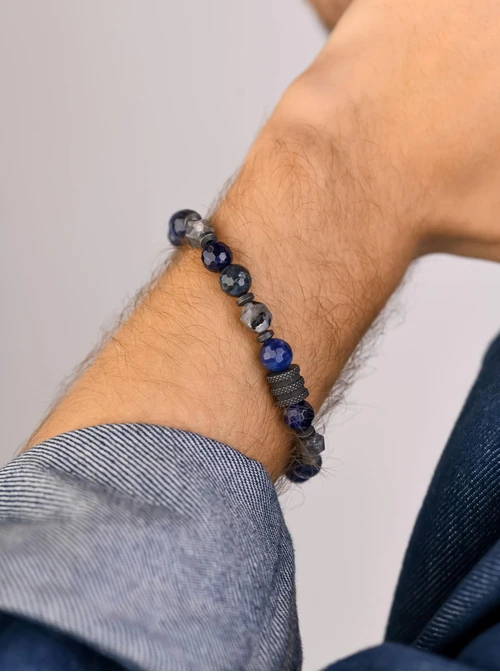 Bransoletka męska, Lapis Lazuli, Kwarc, stal S109244S00