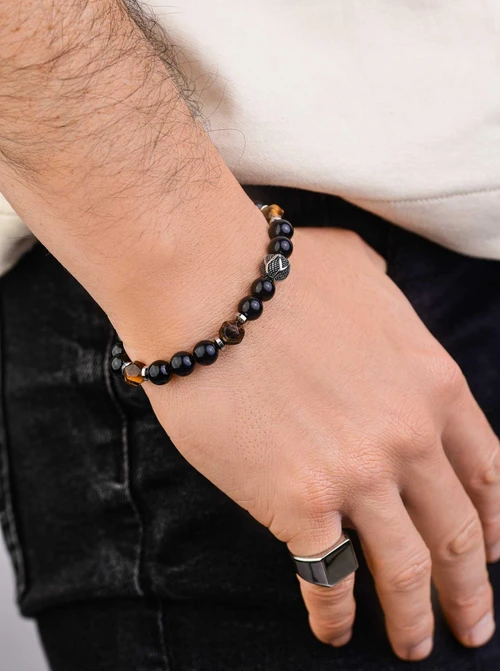 Bransoletka męska, Obsydian, stal S109229S00