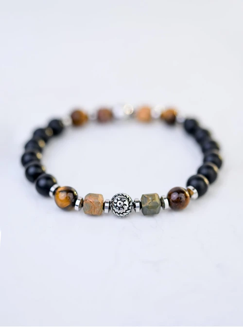 Bransoletka męska, Onyks, Tygrysie Oko, stal S109234S00