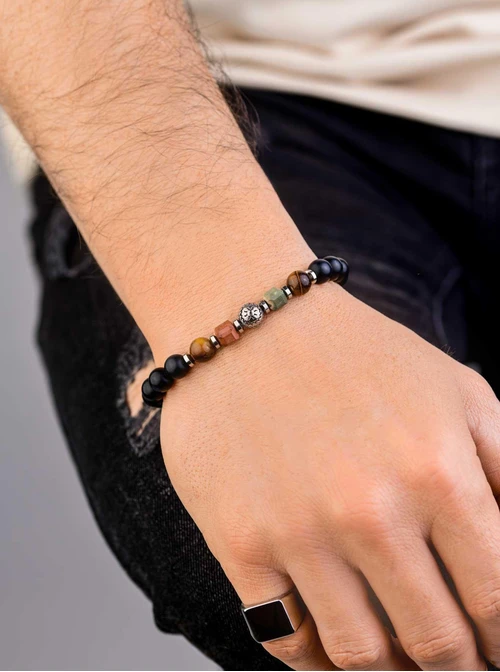 Bransoletka męska, Onyks, Tygrysie Oko, stal S109234S00